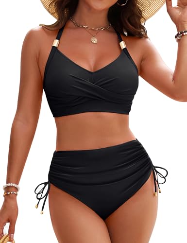 Image of Blooming Jelly Womens High Waisted Bikini Sets Drawstring Tummy Control Swimsuits Crisscross Tie Back Bathing Suit