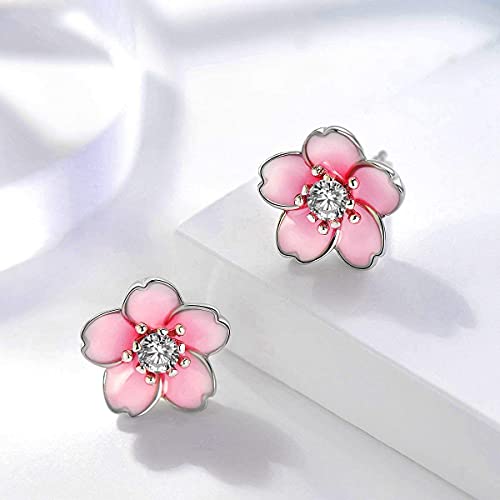Pink Flower Earrings For Women, 925 Sterling Silver Stud Earrings, Cute Plumeria Earrings For Girl, Cherry Blossom Hypoallergenic Stud #TOP1