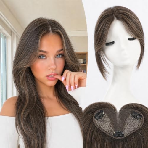 8 inch Human Hair Toppers,Curtain Bangs Mixed Brown, 5"x3"Swiss Base SilkHug with 3 Non-Slip Clips,100% Real Human Hair Toppers for Women with thinning &amp; Natural Appearance