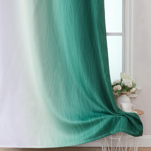 Estelar Textiler Green and Greyish White Gradient Blackout Curtains 102 Inches Long for Bedroom, Thermal Insulated Full Room Darkening Ombre Gray Grommet Drapes for Living Room, 52Wx102L, 2 Panels