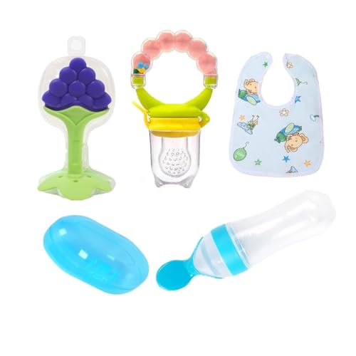 Image of BabyBee Fruit Feeder Pacifier with Rattle (1 Pcs) with 1 PCS Silicone Baby Food Dispensing Spoon 90ML and 1 pcs Fruit Teether 1pcs Finger Brush 1 pcs Baby bib (Blue)