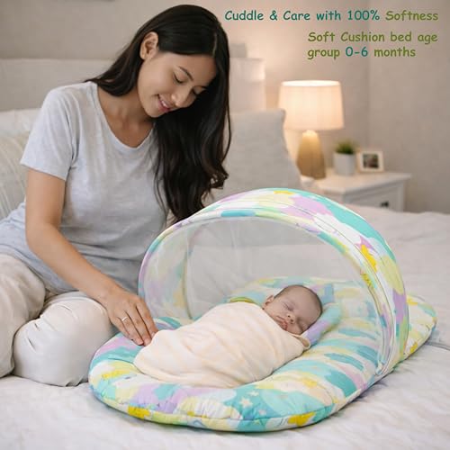 Image of Fareto Combo of Baby Bed with Net | Carry Bag | 4 Pcs Bedding Set (0-6 Months, Baby Size, Cotton) (Pista NEW Star)