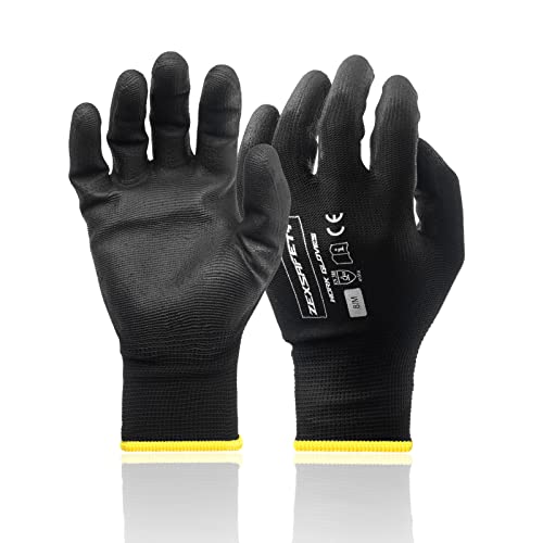 Safety Gloves PU Coated-12Paris,Seamless Knit Gloves Palm and Fingers Coated with PU for Excellent Abrasion Grip Unisex Suitable for General Work like Home Improvement warehouses