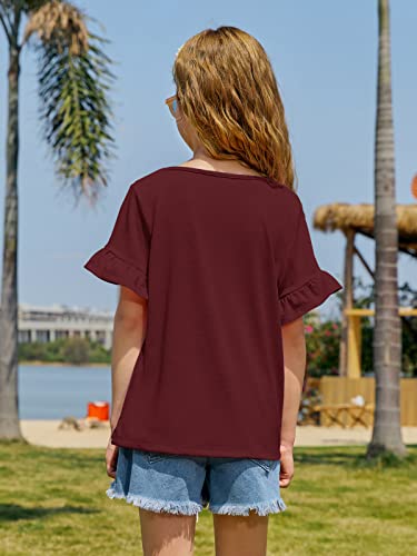 Plffkfly Girls Cute Basic Casual T Shirt Short Ruffles Sleeve Crewneck Breathable Elegant Tunic Tops Tees Wine Red #TOP4
