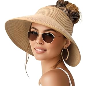 NPQQUAN Sun Visor Hats for Women Wide Brim Ponytail Straw Beach Hat Packable Foldable UPF 50+ Floppy Travel Hats
