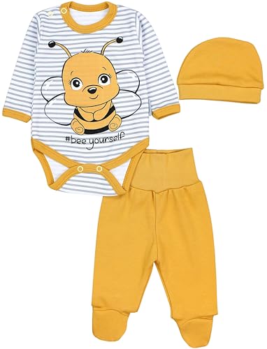 TupTam Baby Mädchen Jungen Bekleidungsset Langarmbody Hose Mütze mit Aufdruck Spruch 3 teilig, Farbe: Biene Gelb/Streifen Grau, Größe: 56