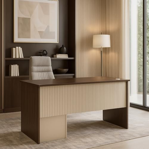 Image of Engineered Wood Office Table | 140 cm Single Workstation Desk with Drawer & Cabinet | Brown & Beige Laptop | Study | Computer Table for Home & Office Use
