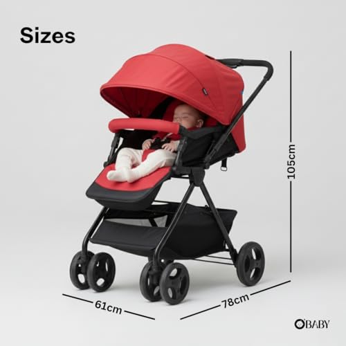 Image of OBABY Stroller with Reclining Seat, Adjustable Canopy, Safety Harness, Smooth Wheels, Compact Folding Design