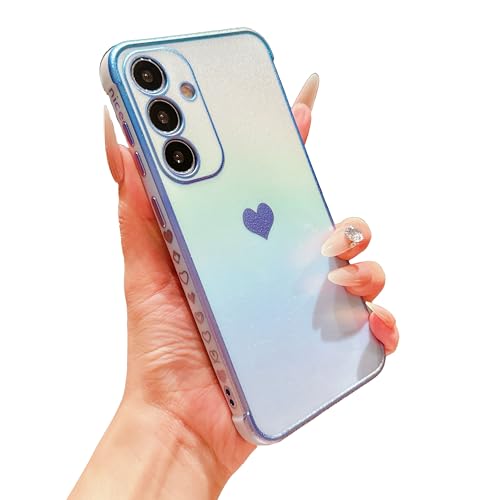 phylla for Samsung Galaxy S25 5g Phone Case Luxury Plated Cute Heart Iridescent Rainbow Laser Protective Cover Camera Protection Soft Silicone Shockproof Side Elegant Love Bumper (Blue)