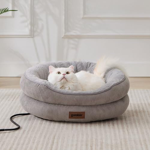 ZOMISIA Heated Cat Bed Indoor - Adiustable Temperature Pet Heating Bed with Timer and Chew Resistant Cord, Washable Puppy Bed with Non-Slip Bottom, 21" x 21" x 8", Grey