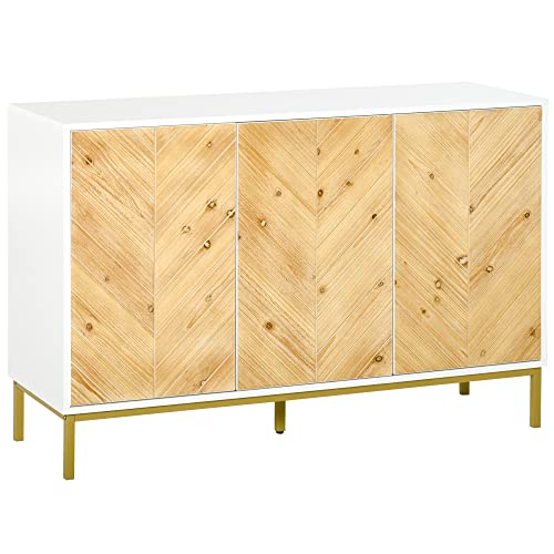 Homcom 3 Door Sideboard Buffet Cabinet, Kitchen Cabinet, Coffee Bar Cabinet With Chevron Pattern, Adjustable Shelf And Metal Legs, Natural Wood #TOP17