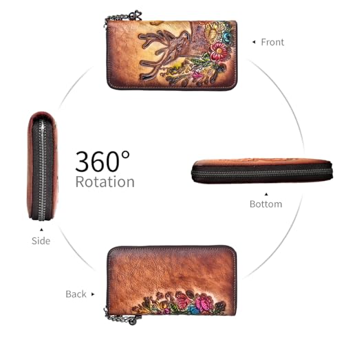 Image of Wallet Genuine Leather for Women - with RFID Blocking Card checkbook ID Slot Large Capacity Vintage style (deer brown)