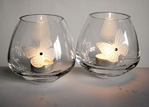Butterfly Tea Light Holders - Set Of 2 - Swarovski Crystal & Etched Butterfly - Mouth Blown Glass Candleholders Set For Wedding Home Decor - Luxury Gift Box - 4 In (10 Cm) #TOP2