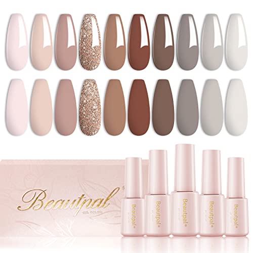 Beautpal Nude Grey Gel Nail Polish Set 10PCS All Seasons Skin Tones Gel Polish Set Neutral Gel Polish Colors Soak Off UV/LED Lamp Needed Salon DIY Manicure Gift Box for Women Girls 7ml
