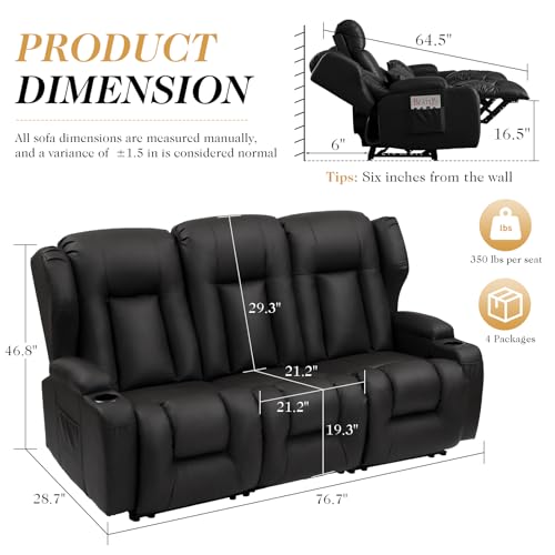 Image of Loveseat Recliner Sofa with Flip Middle Seat,3 Seater Reclining Couch Wall Hugger Recliners for Small Spaces,PU Leather Manual 3 Seater Sofa Recliner with Cup Holders /Lumbar Pillows,RV Furniture,Black