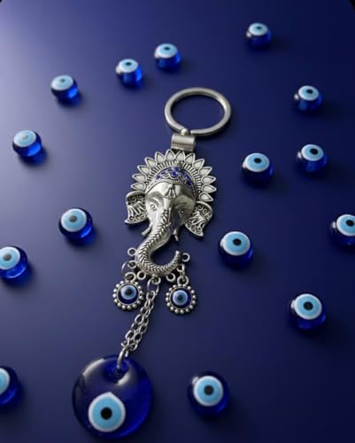 Image of Shasha Creation Lord Ganpati Ganesha or Ganeshji Evil Eye Good Luck Metal Hook car hanging and home decor (Blue and Silver) Evil's eye hanging with Shree Ganesha face
