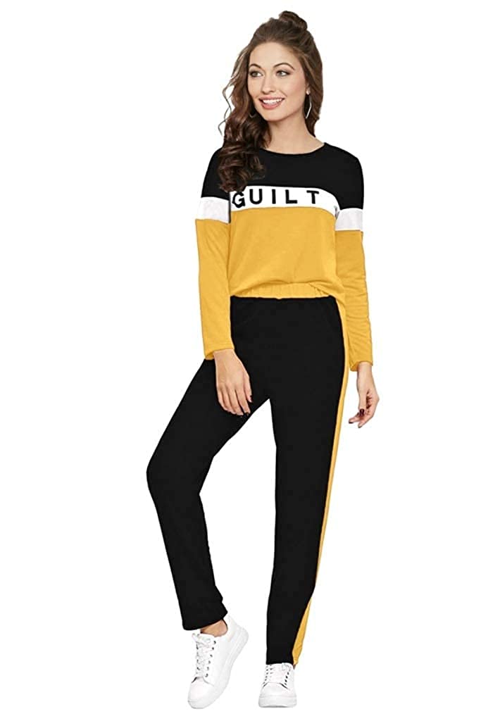 Women's Solid Stripes Track Suit | Women's Striped Tracksuit Top & Leggings Pants Outfit Set for Girls Women's Yoga Track Suit Pants, Joggers, Gym, Active Lower Wear (Guilt)