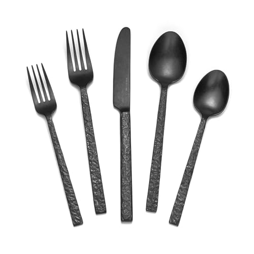 KINGSTONE 40 Pcs Black Hammered Silverware Set for 8, 18/10 Stain...