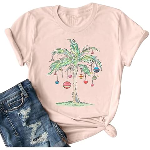 Christmas Palm Tree Shirts for Women Funny Hawaiian Beach Tropical Xmas Top Short Sleeve Casual Graphic Print T Shirt(Small,Pink) Cover