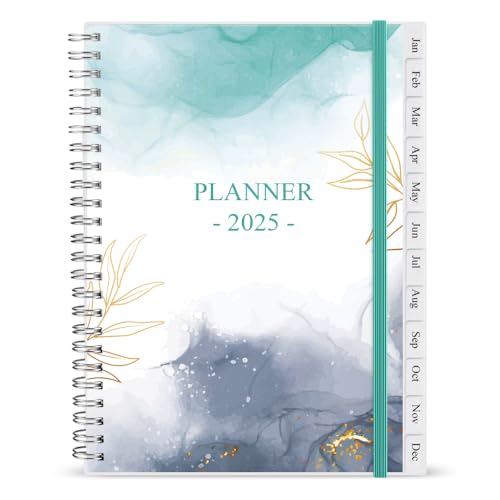 2025 Diary, A5 Weekly Planner with Monthly Tabs, January 2025 - December 2025, Back Pocket, Planner 2025 with Elastic Closure, Flexible Cover, 14.8×21cm, Teal Watercolor