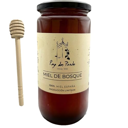 Miel cruda y pura, De bosque de GALICIA, Artesanal. palo mielero incluido SIN TRATAMIENTO, liquida por alto contenido en mielato y humedad. Recolectada y etiquetada a mano. 1Kg