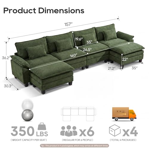 Image of URRED Oversized Modular Sectional Sofa,Solid Green:157 inch U Shaped