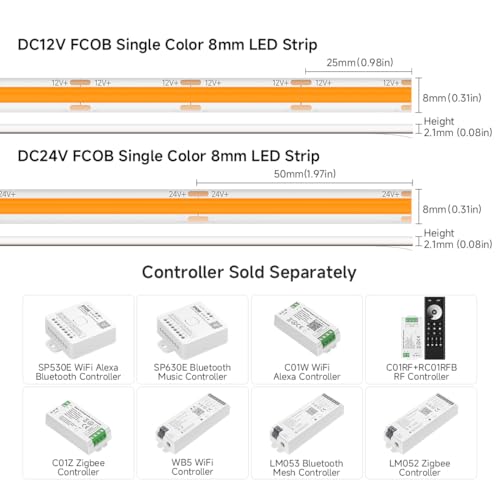 Image of BTF-LIGHTING FCOB IP65 Waterproof Orange Color COB LED Strip 16.4FT DC24V 480LED /m 8mm Width Flexible High Density CRI 90+ Dimmable LED Light for Home Indoor Decor(No Controller or Adapter)