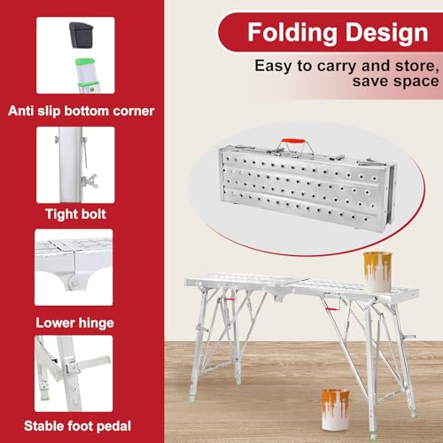 Portable Scaffolding,Adjustable Folding Work Terrace,Steel Ladder,Heavy Duty Galvanized Scaffolding for Ceiling Cleaning,Painting,Car Washing(Size: 160x25 CM),Sliver - Thumbnail 3