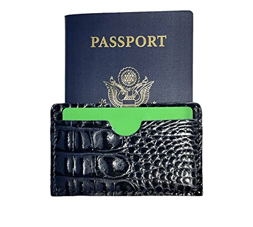 Real Leather Credit Card Holder - Handmade 100% Genuine Cow Leather Business Card Case Embossed Reptile Pattern - Dark Blue Caiman3