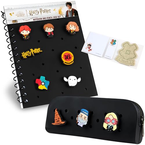 Harry Potter Customisable A5 Notebook and Zipped Pencil Case Stationery Set with Chibi Character Pins Sticky Notes Hogwarts School Supplies Gifts for Kids