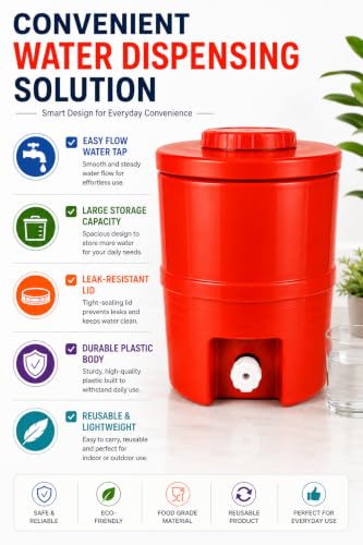 Image of Plastic Water Jug | Food Grade | Insulated Water jug Cool Chilled Water Camper jar (Red, 15 litres)