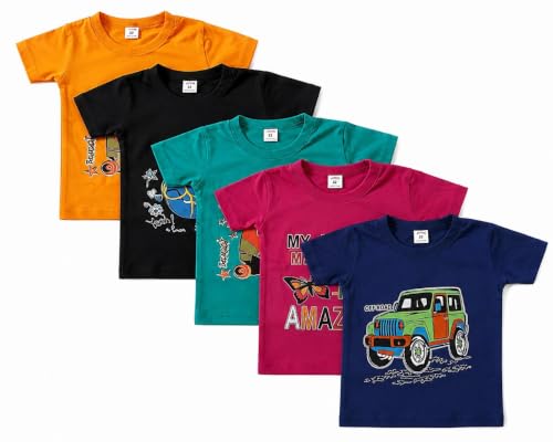 Image of Kids Boys Half Sleeve Round Neck Printed T-Shirts, Pack of 5