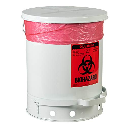 Image of Justrite 05930 Galvanized Steel Biohazard Waste Container with Foot Operated Cover, 10 Gallon Capacity, 13-15 /16 inch OD x 18-1 /4 inch Height, White
