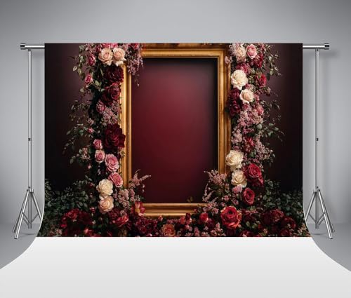 Arrière-plan photo rétro rouge d'art floral 2.2x1.5m au design raffiné de cadre doré