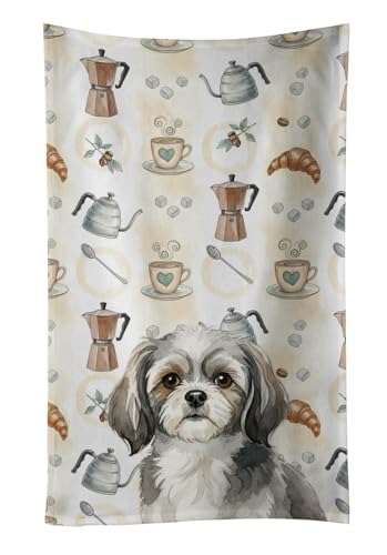 Caroline's Treasures Grey and White Tibetan Spaniel Coffee Bar Kitchen Towel Velour Plush Front and Cotton Loop Back Machine Washable