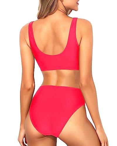 Image of Tempt Me Women Two Piece Scoop Neck Bikini Crop Top High Cut Swimsuit Sporty High Waisted Bathing Suit with Bottoms