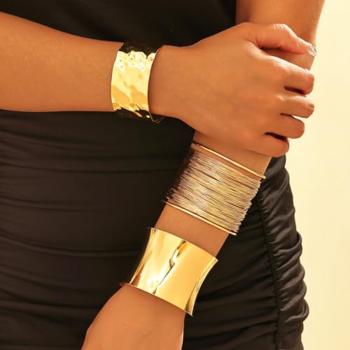 image for Abiotp 3PCS Gold Chunky Cuff Bracelets for Women Irregular Minimalist 
