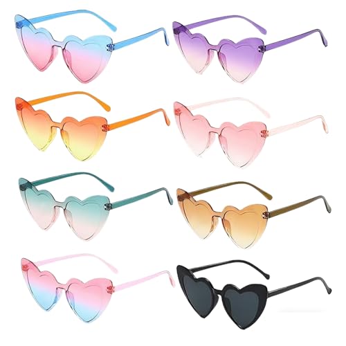 Lot De 8 Lunettes De Soleil Cœur Fille Femme Dégradé Sans Monture, 12cm Lunettes Coeur Colorées Evjf, Lunettes De Soleil Coeur Rétro Uv, Accessoires Fête Mariage Plage Soirée Photobooth Tendance