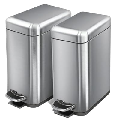 Home Zone Living 2-Pack 1.3 Gallon Small Bathroom Trash Can with Lid and Step Pedal, Stainless Steel Wastebasket with Slim Design for Home and Office, Silver, 5 Liters