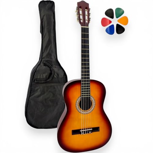 AMROVA - Guitare Classique Enfant 1/2 Droitier (6-10 ans) + Housse Sac à Dos + 6 Médiators + Cours Vidéo Offerts – Cordes Nylon, Livrée Accordée (Sunburst, 1/2, Droitier)
