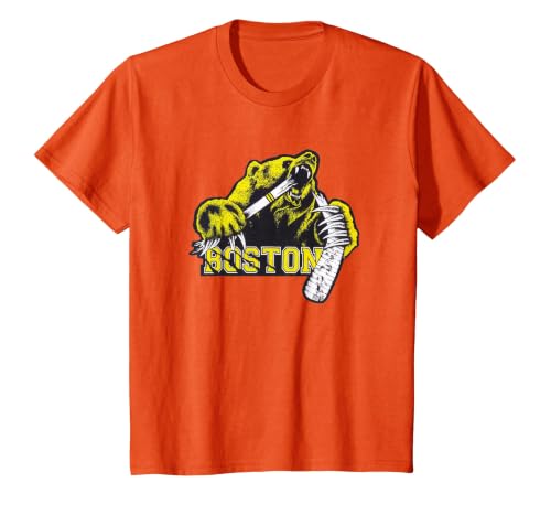 Grizzly Bear Biting Hockey Stick Claws Through Words Boston T-Shirt, Youth, Orange, Large