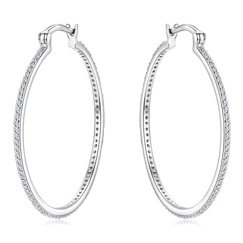 30/40mm Moissanite Hoop Earrings, D Color VVS1 Clarity 925 Sterling Silver Large Thin Huggie Earrings for Women Wife Mom Birthday Wedding Jewelry Gifts