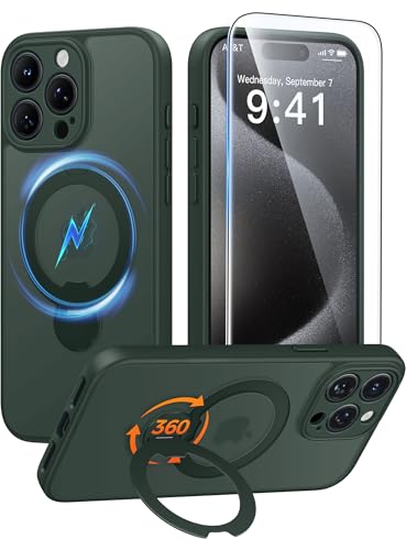 FNTCASE for iPhone 15 Pro Max Case with 360 Spin Magnetic Stand Green