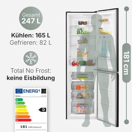 Bomann Kühlschrank mit Gefrierfach | Energieklasse D | 181cm | No Frost | leise 39 dB | Kühl Gefrierkombination No-Frost | 4 Ablagen & 3 Schubladen | 247L Kühlgefrierkombi | KG 7360 schwarz