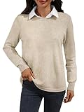 AMZANGEL Women's Merino Wool Sweater 100% Wool Pullover Crewneck Long Sleeve Knitted Banded Hem Sweater Apricot