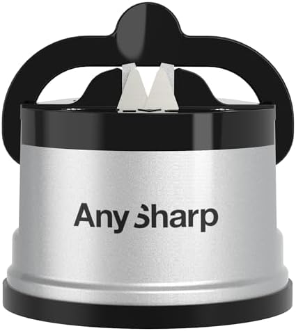 AnySharp Afilador de Cuchillos, Seguridad sin Manos, Ventosa, Afila con Seguridad Todos los Cuchillos de Cocina, Ideal para Acero Endurecido y Dentados, Compacto, Plata