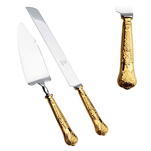 OTW PAVILION 2 Piece Wedding Cake Server Set1810 Gold Plated Stainless Steel Dessert Set Pie Server Cake Cutter Knife for BirthdayAnniversaryHolidayBaby ShowerParty