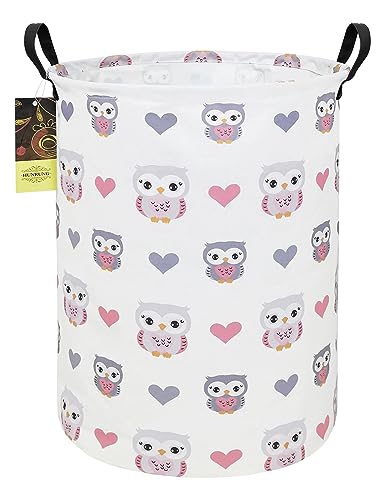 Image of HUNRUNG Laundry Hamper,Large Canvas Fabric Lightweight Storage Basket Toy Organizer Dirty Clothes Collapsible Waterproof for College Dorms（Round-Love Owl）