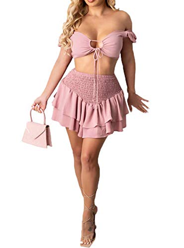 Tenue d'été 2 pièces pour femme avec épaules dénudées et cordon de serrage - rose - Taille L Cover