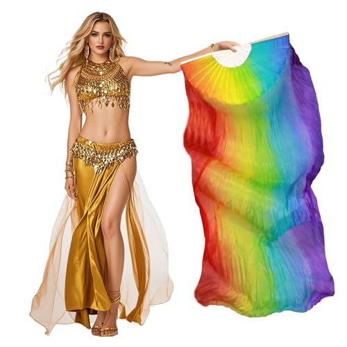 Women Belly Dance Fan for Beginners 180x90cm Faux Silk Fan (Right Hand Only) Flowing Veil Fan for Practice&Performance (Vertical Rainbow)
